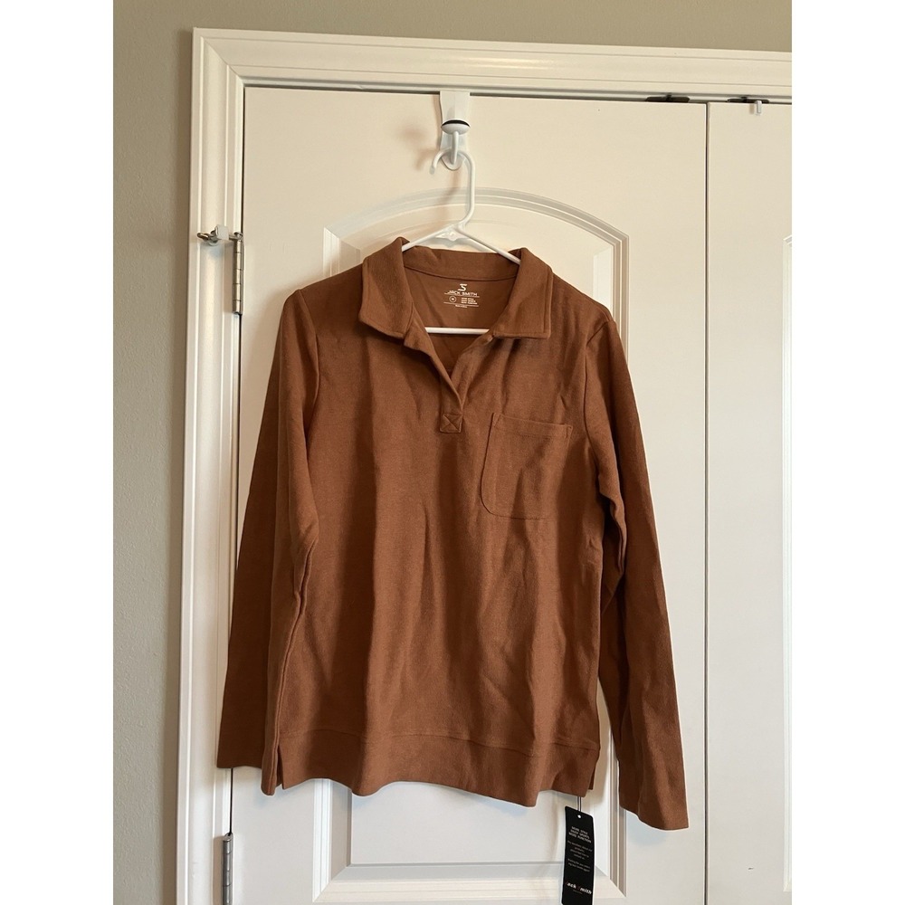 JACK SMITH Pullover Top Womens M Brown NWT V Neck Collared Long Sleeve Pocket